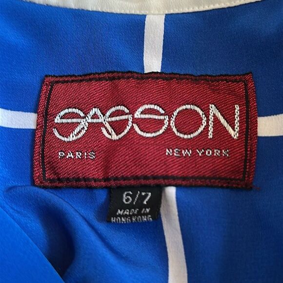 Vtg 80s Sasson Blue & White Grid Pattern Blouson Polyester Short Sleeve Dress - Picture 7 of 7